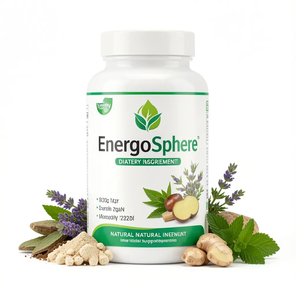 EnergoSphere dietary supplement bottle with natural ingredients displayed on a clean white background